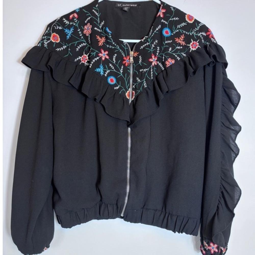 Zara TRF Black Embroidered Floral Ruffle Bomber Jacket Womens Medium Zip Up Boho - Picture 2 of 7